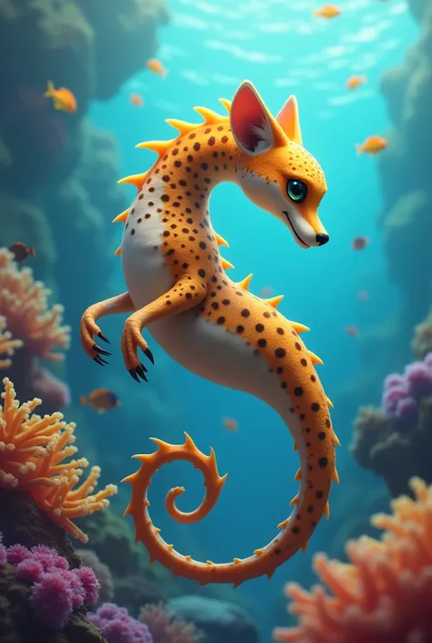 Create a  manster hybrid creature that blends the sleek, fast body of a cheetah with the graceful, delicate form of a seahorse. The creature should have a streamlined, spotted body resembling a cheetah, but with the tail and fins of a seahorse. Its head sh...