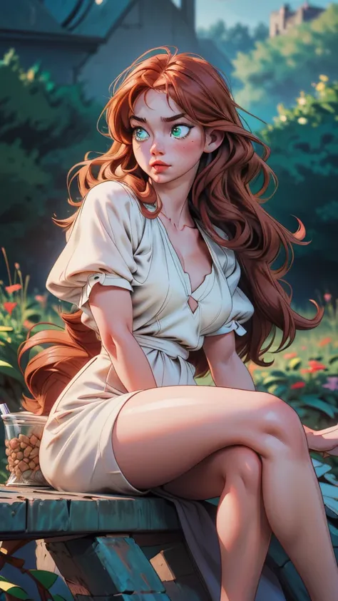 Beautiful Chubby woman, age30, Solo, Aesthetic artwork, irish redhead, wavy ginger hair, shoulder length ginger hair, (green eyes), some small freckles, pale skin, (big saggy breasts:1.2), curvy body, detailed skin texture, (extremely detailed 8k wallpaper...