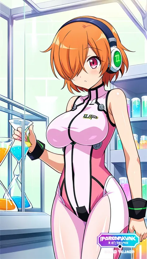 1girl, shiny skin, speedlines, perfect face, intricate details, size difference, laboratory, score_9, score_8_up, score_7_up, rating_safe, source_anime, Colored, Tomboy, short hair, orange hair, pink eyes, vegapunk_lilith, Light pink bodysuit, sleeveless, ...