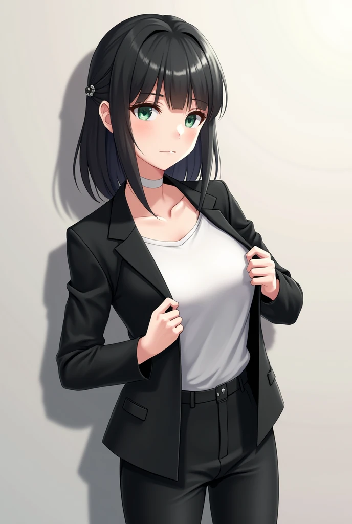 Female, Anime, 1, Medium black hair, Fair skin, Emerald eyes, Black hairpin, Black jacket, White undershirt, Black trousers, Black boots