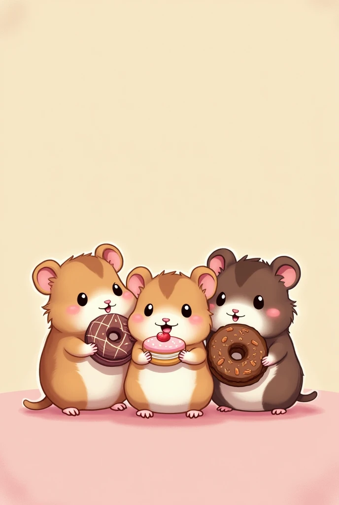 A group of adorable hamsters, each representing a different sweet dessert. One hamster looks like a chocolate bar, another like a macaron, and another like a donut. They are colorful and playful, with happy faces, sitting together on a pastel-colored backg...