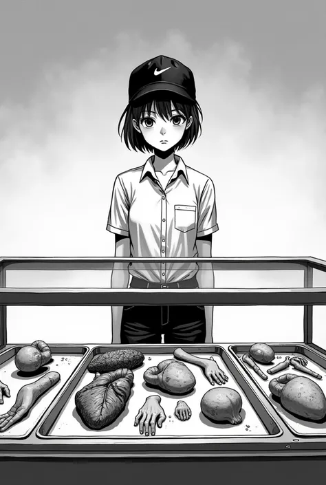 A black and white manga style female character wearing a bakery attendant uniform. Jeans, black cap, white shirt and shoes.
Thin weighing 52 kilos and 1,60 tall.
She is behind a bakery counter made of glass., and inside the counter there are trays with hum...