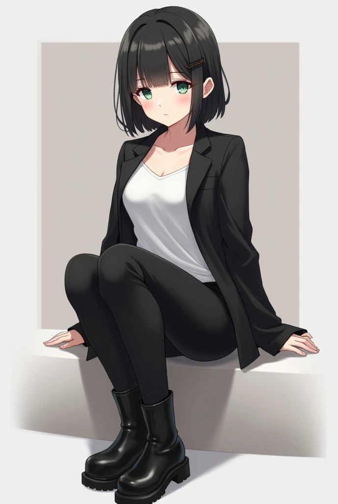 Female, Anime, 1, Medium black hair, Fair skin, Emerald eyes, Black hairpin, Black jacket, White undershirt, Black trousers, Black boots