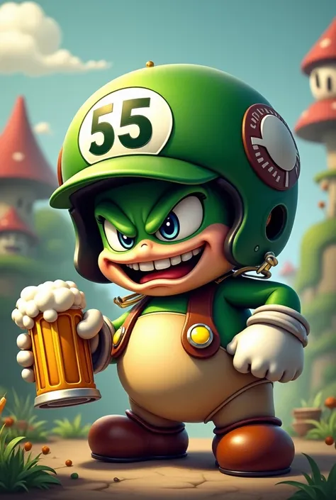 Create an image of a green mushroom from the Mario Bros game wearing a 55 American football helmet and holding a beer mug and looking mean.