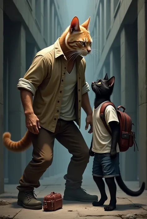 A dramatic scene depicting two anthropomorphic cats in an urban setting. The male cat, wearing a flannel begie shirt and brown jeans, is ominously holding the smaller black cat, school-uniformed cat by the neck. The smaller cat looks frightened, dressed in...