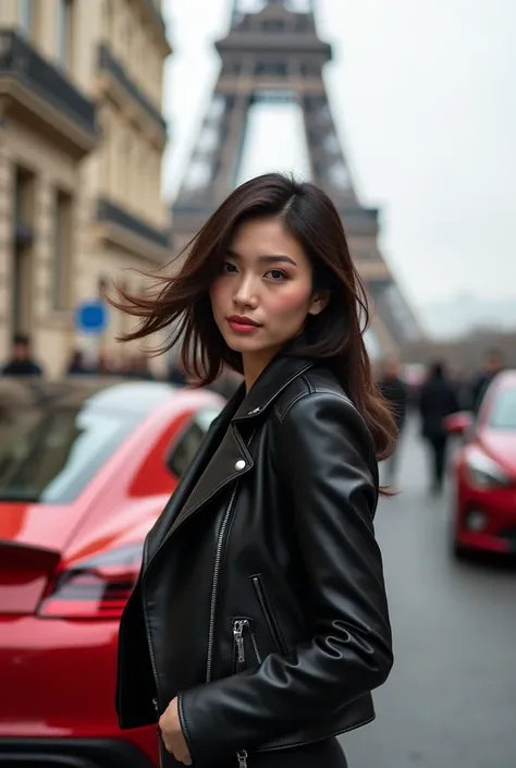 An Asian woman poses confidently on the streets of Paris, with the Eiffel Tower looming in the distance. He was wearing a black leather jacket and standing next to a red sports car., with windblown hair, displays an elegant and sporty aura. Photo taken usi...