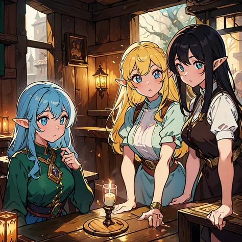 3 elf girls in a tavern drinking at a round table, beautiful detailed eyes, beautiful detailed lips, extremely detailed facial features, beautiful elf ears, elegant hairstyles, intricate tavern interior, detailed wooden furniture, warm candlelight, atmosph...