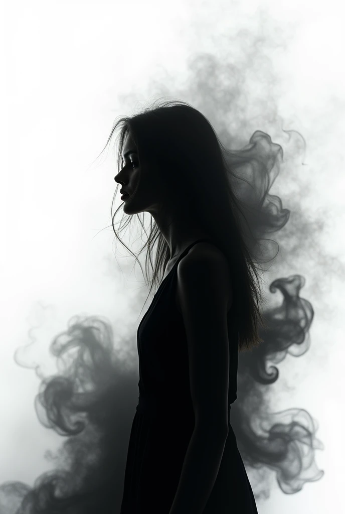 Wattpad book cover. Black smoke swirling around and forming a blurry shadow of a girl in a pure white background with a black border