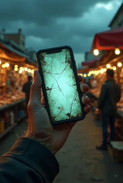 Old and damaged cell phone screen turning on in Marcos&#39; hand at a flea market during a storm 