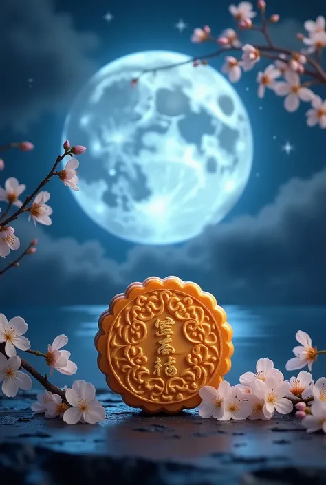 On a full moon night，Under the blue moon，There is a beautiful moon cake。The front of the mooncake is printed with the Song font &quot;Mid-Autumn Cake&quot;。High-resolution 4K photos，Surrounded by osmanthus flowers。Mooncakes are golden in color，Very appetiz...