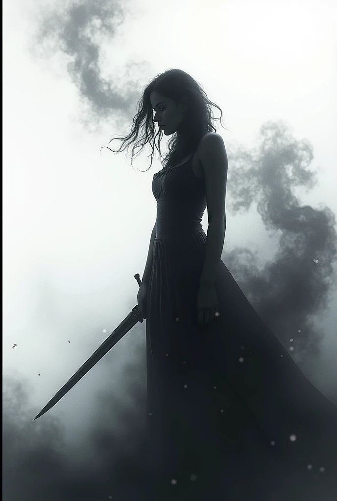 Wattpad book cover. Black smoke swirling around and forming a blurry shadow of a girl holding a sword in a pure white background with a black border