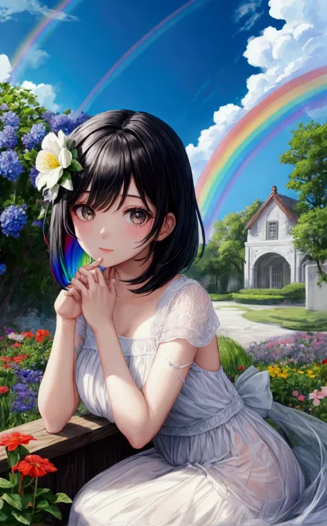 Beautiful girl with black bob hair、Angel、blue sky、rainbow、flower、garden