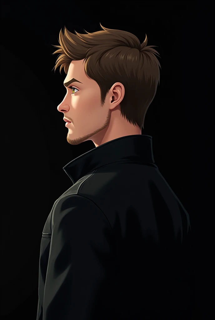 Leon Kennedy in black jacket with black background 30 year old with small beard profile picture animated with white skin tone or average hair front progile more beard 