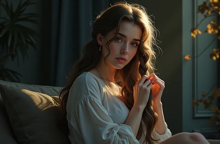 Woman full body sitting on chair, braids her hair, seen from the side, sun shines through hair, naturally, a little fuller 