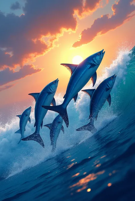 Create a drawing of blue colored fish jumping out of the blue water in a beautiful sunset
