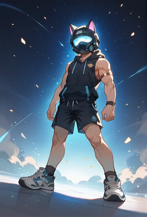 1boy,muscular,full body,cat ear future helmet,no face,mask,sneakers,black socks,particles,wide angle lens,Hoodie,sleeveless,shorts,armlet,Leg ring,trunks,Cozy Bakery