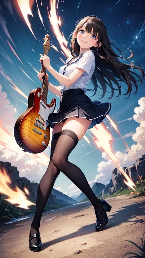 (masterpiece), best quality, expressive eyes, perfect face, Perfect 5 fingers, Playing the electric guitar passionately, looking up at the sky and smiling happily, very short clothes, black stockings, full body