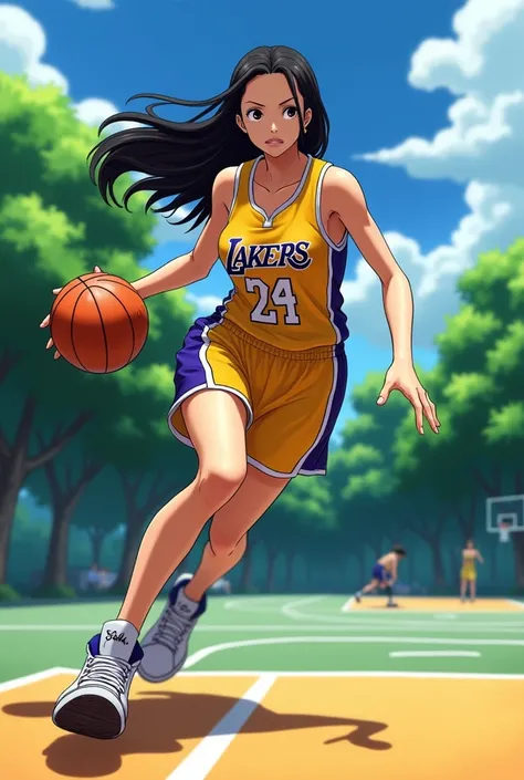  One piece character boa hancock play basketball.Her Jersey is Laker
 Team.