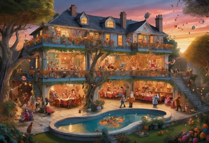 ### Caption:
A lively and bustling scene set in a large house with numerous characters engaged in various activities both inside and outside the building. The illustration depicts a cross-section of the house, revealing multiple levels and rooms. Character...