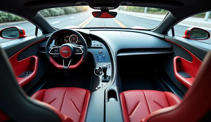 Give me front view  interior of ( Bugatti Centodieci  ) with dashboard cabin and luxury seats 