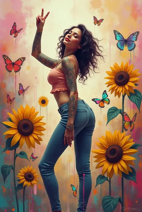 Pastel background dripping with sunflowers and butterflies realism pastel background graffiti-like with a woman covered in tattoos holding up The peace sign up with graffiti in background 

