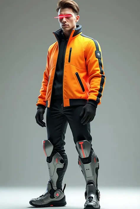 create a high definition 3d image, of a 30 year old man, standing, with brown hair with a modern cut, red eyes with technological stripes on the eyes, a neon jacket, and boots of technological armor