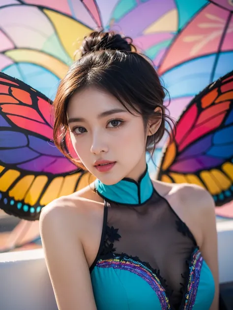 ((Top Quality)), ((Masterpiece)), ((Details)), ((Colorful)), ((upper body)), She looks delighted, ((the age of 25: 1.0)), ((Colorful clothes: 1.5)), ((a quite beautiful face: 1.4)), (Eyeshadow: 1.4), (Small breasts: 1.0), ((from the side: 0.5)), More Satur...