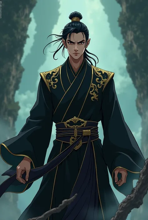 Make a Chinese cultivator manhwa cultivator,I want him with black hair, black eyes full of dark circles, he wears a black outfit with black and gold details, he is a 30 year old man. I want it as an anime