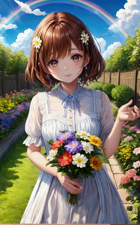 Beautiful girl with brown bob hair、Angel、blue sky、rainbow、flower、garden