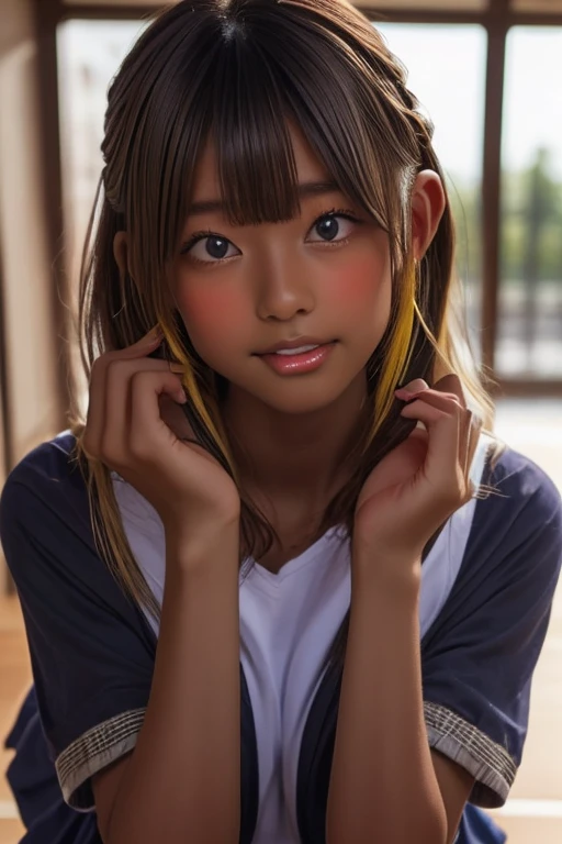 (((( one girl )))), Put your hand over your mouth、Beautiful breasts、 Brown eyes, ((Gal Hairstyles)) blonde, girl, (Eye and facial details:1.0), break, (masterpiece, Highest quality, Very detailed, Detailed face, 8k),( dark skin:2.05 ), (((( school gym clot...