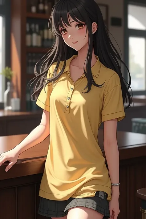 1girl, slender body,Long hair, small breasts, small hip, slim legs, shy smile,oval face shape, {cloth: yellow polo shirt, (black short skirt)}, {pose: perfect dynamic composition:1.2 }, {afternoon, (1solo),  bar background},