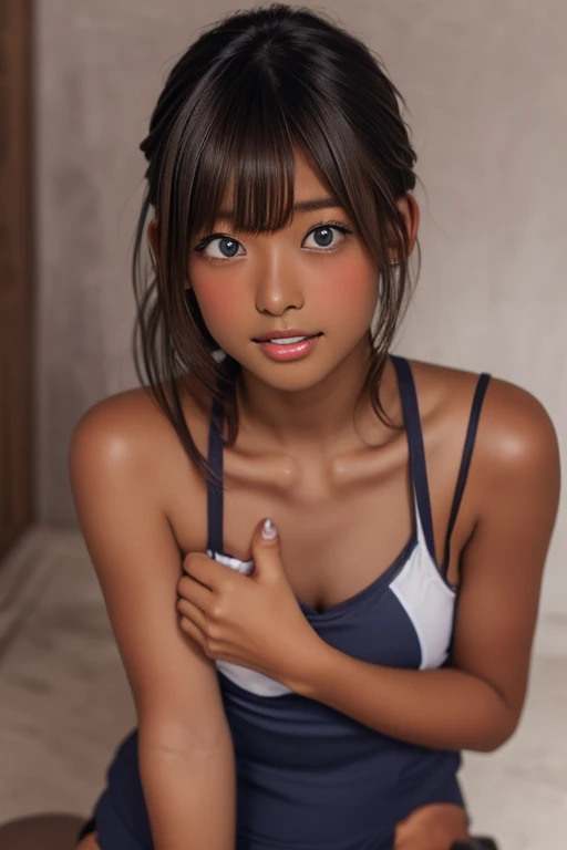 (((( one girl )))), Put your hand over your mouth、Beautiful breasts、 Brown eyes, ((Gal Hairstyles)) blonde, girl, (Eye and facial details:1.0), break, (masterpiece, Highest quality, Very detailed, Detailed face, 8k),( dark skin:2.05 ), (((( school swimsuit...