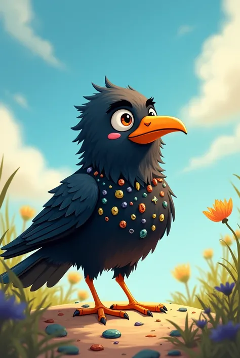 Animate picture for kids story book 
 A crow He gathered shiny pebbles and glued them to his body. But they fell off, and he realized his own black feathers were perfect for flying swiftly through the sky.  