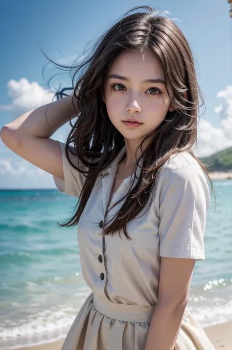 {young woman wearing a school uniform, standing on a beach, gentle ocean waves in the background, soft wind blowing her long brown hair, serene and confident expression, natural beauty, summer daylight with fluffy clouds, photorealistic}, {beach scene}, {r...