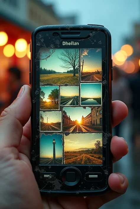 Old and damaged cell phone screen turned on full of pictures of landscapes and people. at a flea market during a storm 