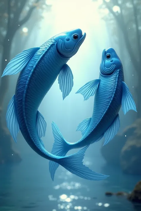 Create images of two blue colored fish in the air of water at dawn

