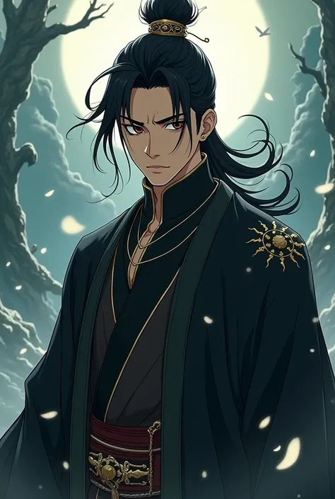 Make a Chinese cultivator manhwa cultivator,I want him with black hair, black eyes full of dark circles, he wears a black outfit with black and gold details, he is a 30 year old man. I want it as an anime