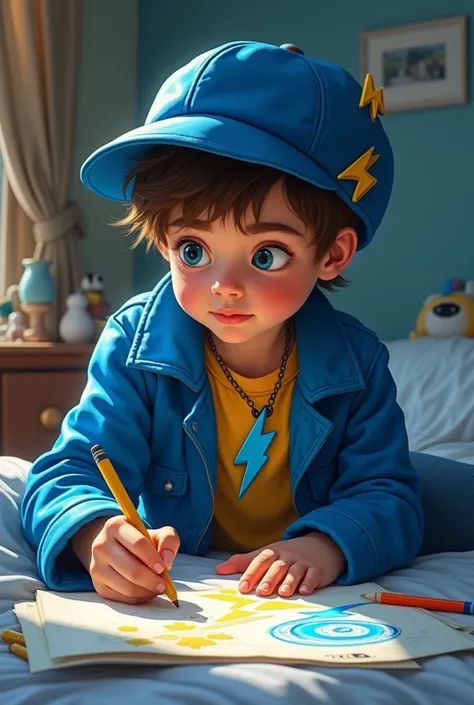 A boy with a blue coat and a blue lightning bolt necklace and a blue hat with a yellow lightning bolt on the hat and is drawing on the bed.