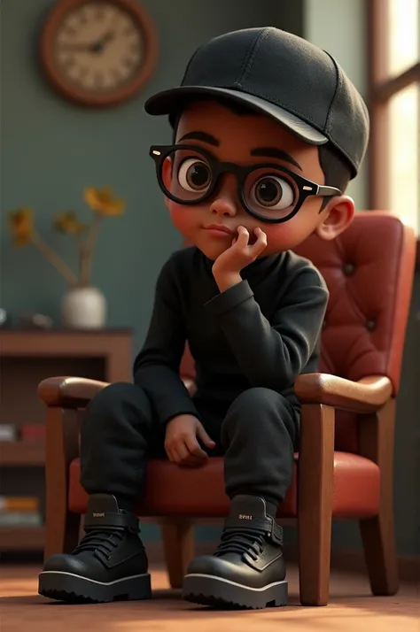 A black boy is sitting on a chair with the name Ismail written in big letters on the back 3D animation He is  Looking forward He has a cap on his head Black color He also has glasses on his eyes Black color He is wearing a black black genji Black pants and...