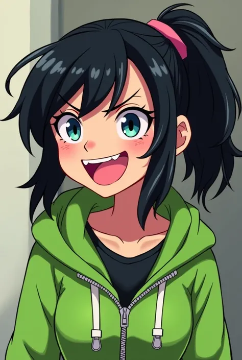 From Wreck It Ralph Vanellope Black Hair Anime girl sticking out tongue Naughty My Bad Green Zip jacket