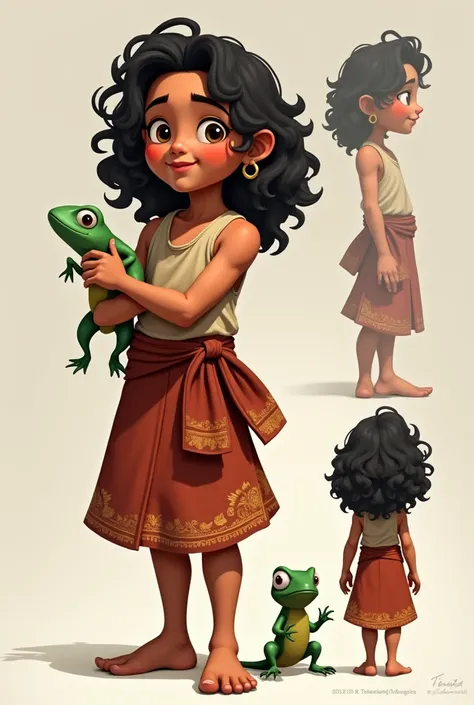 Create a detailed character design sheet for "Pio," a  boy of Kristang descent living in a 16th-century Malacca village. Pio should have long, curly dark hair, brown skin, and expressive brown eyes. His clothing should be simple and practical, similar to t...