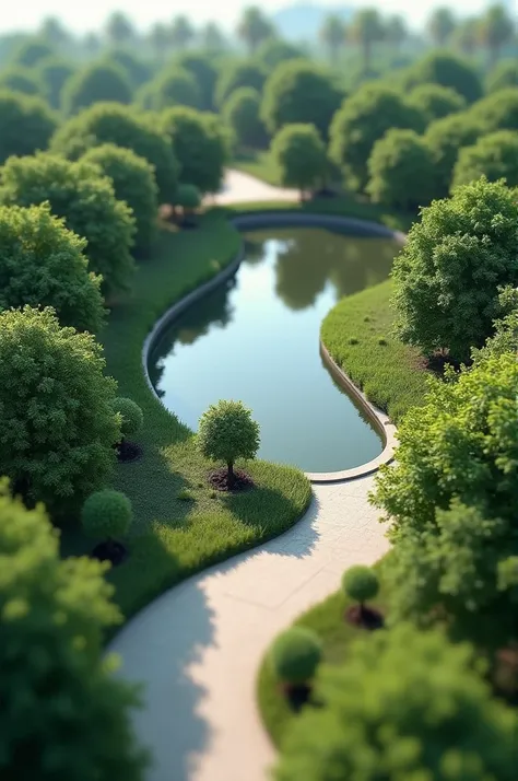 a birds eye view of a park with a pond and trees in the background and a path leading to a park, Ai Weiwei, samikshavad, palm trees, a tilt shift photo