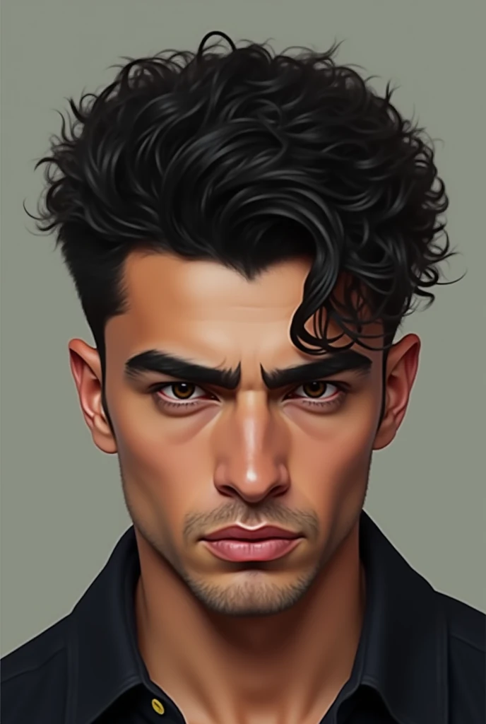 Create a man with black curly hair with an American cut and brown eyes, black eyebrows with a line