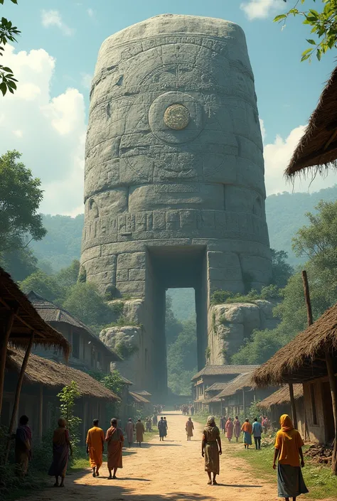 A big  astroed stone in the middle of A Bangladeshi Village 