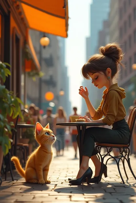 A little yellow cute cat asking a lady setting in a outdoor restaurant on new York street for food, and the lade ignore him, and never paid attention to the cat