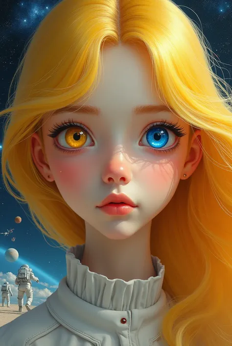 (Close-up of a better masterpiece:1.5)0.9], (Space and astronauts:1.2) (yellow blonde hair:1.1) (Heterochromia xanthochromia and bright blue eyes:1.2)