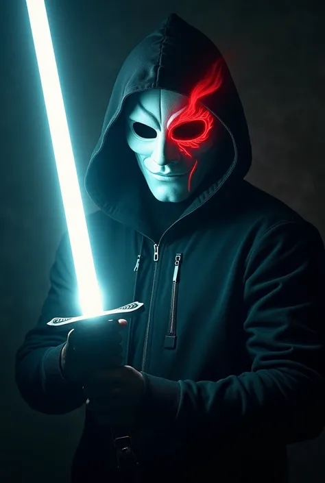 darkest background. A man holding a very brightly shining sword with both hands. Close up photo. Man is invisible to the light. The man wears a white mask with a red flame pattern on the right side only..