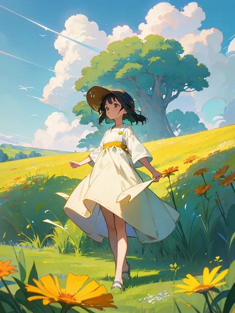 Ghibli style of a A serene, sunny meadow filled with wildflowers and tall grasses. In the center stands a young child with tousled hair, wearing simple summer clothes, staring up in awe. Above, an airplane cuts through the bright blue sky filled with fluff...