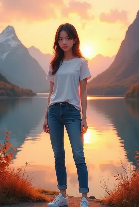 japanese girl, 18yo, short sleeved, slim fit white t-shirt, jeans, sneakers, longer hair , 160 cm, 48 kg weight, neutral expression, full body image, at lakeside, near mountains, autumn season, sunset, clear skies