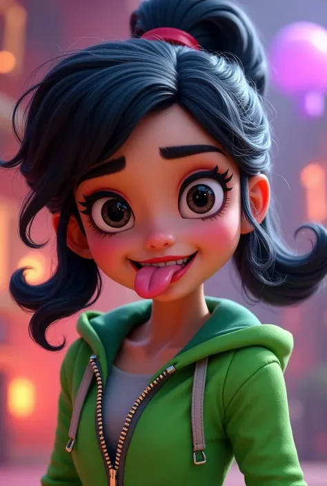 From Wreck It Ralph Vanellope Black Hair Infinity girl sticking out tongue Naughty My Bad Green Zip jacket